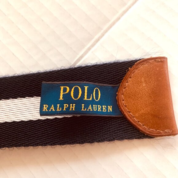 Polo Ralph Lauren Navy White Striped Fabric Leather Dual D Ring Belt XL - Picture 5 of 9